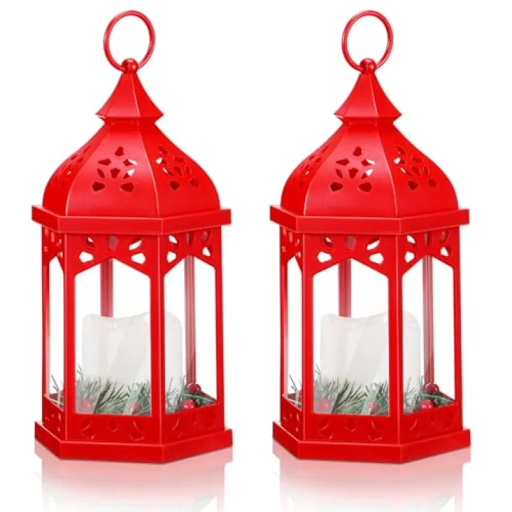 Glooglitter 2 Pack Christmas Lanterns with Warm White LED Lights 11 x 6 Inch Red Christmas Lantern Decor with Holly Berry Pine Hanging Xmas Candle Holder Indoor Outdoor Decorative Table Centerpieces