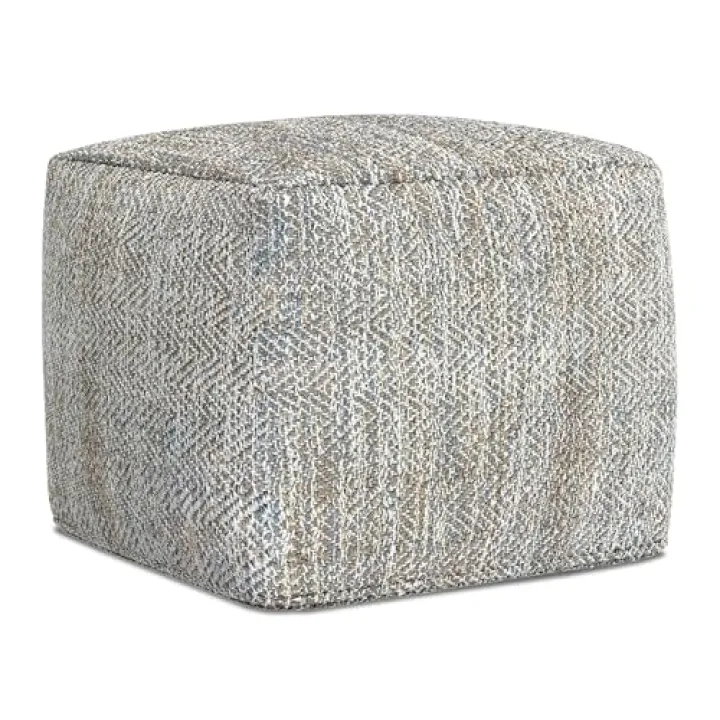 SIMPLIHOME Nate Square Pouf - 18 inch Wide Upholstered Handwoven Cotton Ottoman in Grey Melange, Boho Footstool or Extra Seating for Living Room or Bedroom with Polystyrene EPS Beads, Assembled