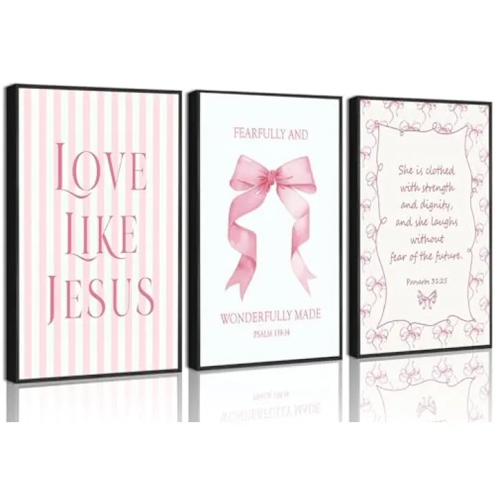 3Pcs Pink Christian Wall Art Coquette Bow Canvas Poster Print Inspirational Bible Verses Eclectic Aesthetic Preppy Painting Wall Decor for Teen Girls Bedroom Apartment 12x16in Unframed