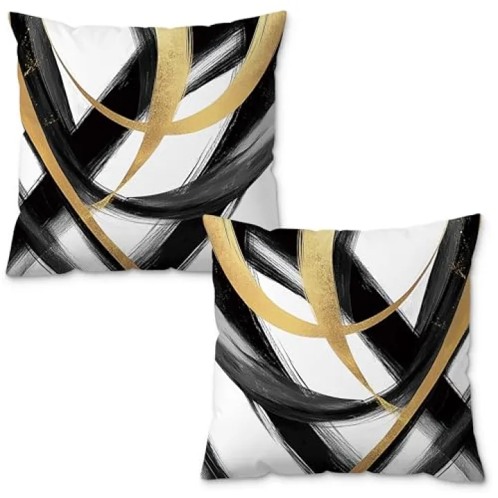 ROXMART Boho Abstract Contemporary Pillow Covers 18x18, Mid Century Modern Decor, Black White and Gold Minimalist Decorative Pillow Covers for Couch Sofa Bedroom Living Room Home, Set of 2