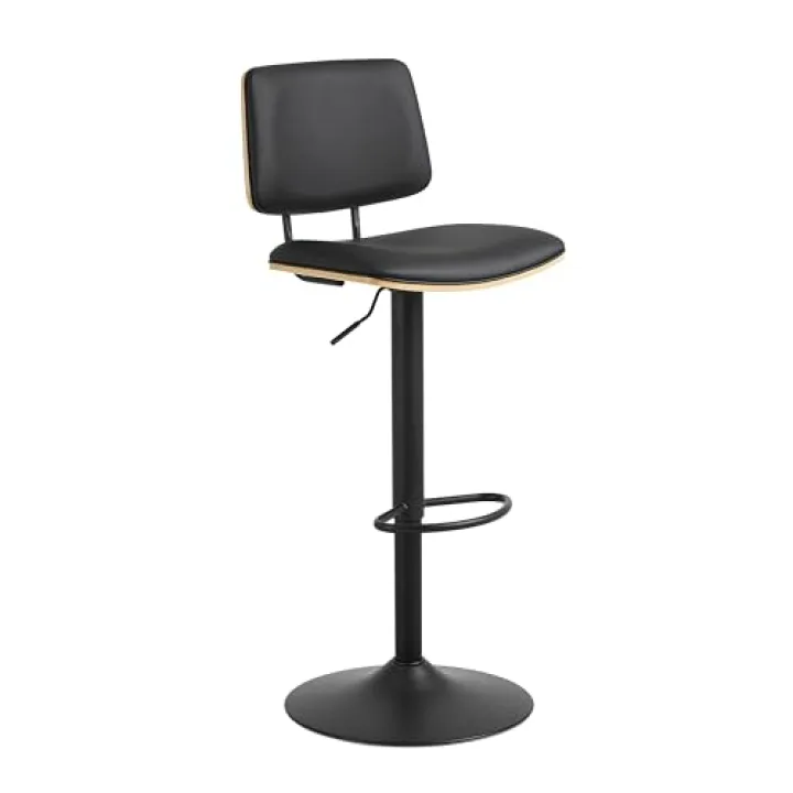 AC Design Furniture Saga Sgabello da bar, PU nero e rovere impiallacciato vernice a base d'acqua, struttura a tromba opaco nero grezzo verniciato a polvere in acciaio con funzione di rotazione