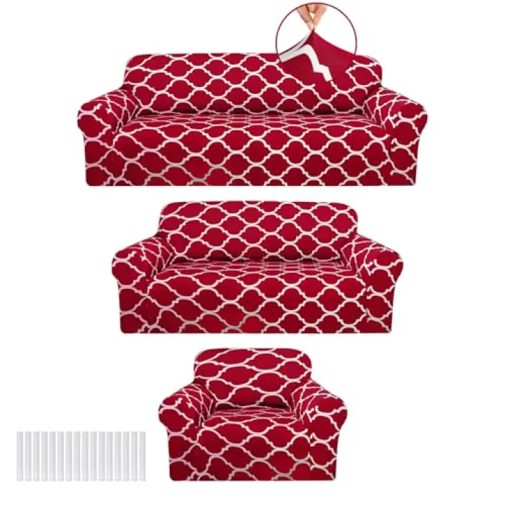Peryiter 3 Pcs Couch Cover Set for Living Room Furniture Covers for Couch and Sofas Loveseat Arm Chair Slipcover, Furniture Protector, Stretch, Wrinkle Free(Red)