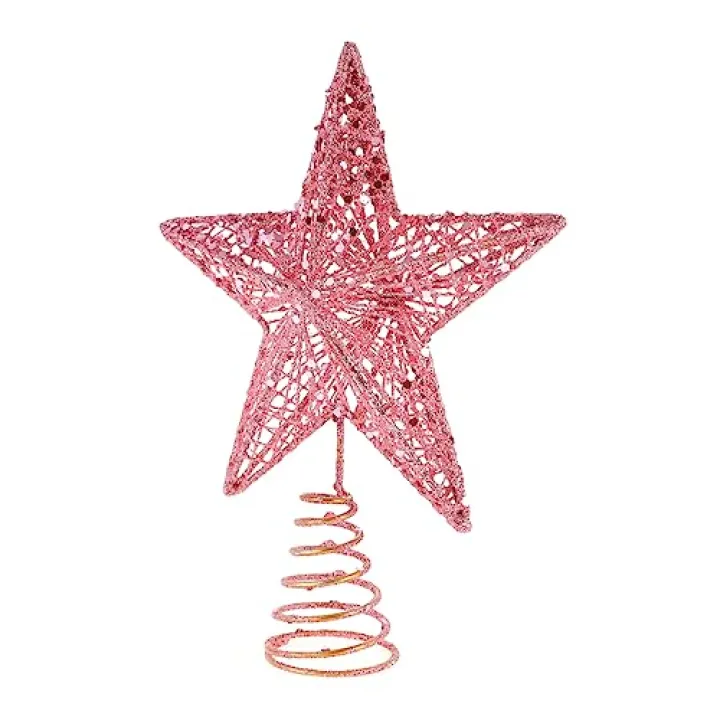 Cabilock Christmas Tree Star Topper Pink Iron Glitter Ornament Festive Decoration for Home Office Hotel Party and Holiday Seasonal