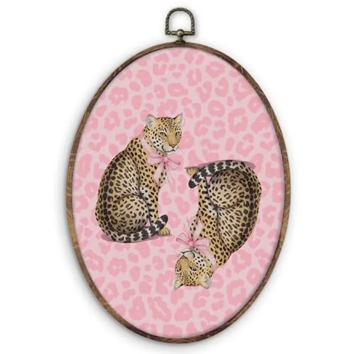 DILSJ Pink Trendy Leopard Cheetah Oval Wall Art Decor, Preppy Bow Cheetah Canvas Wall Art Framed, Pink Leopard Print Hanging Decorations for College Girls Room Dorm Bedroom Apartment, 11x8.5 Inch