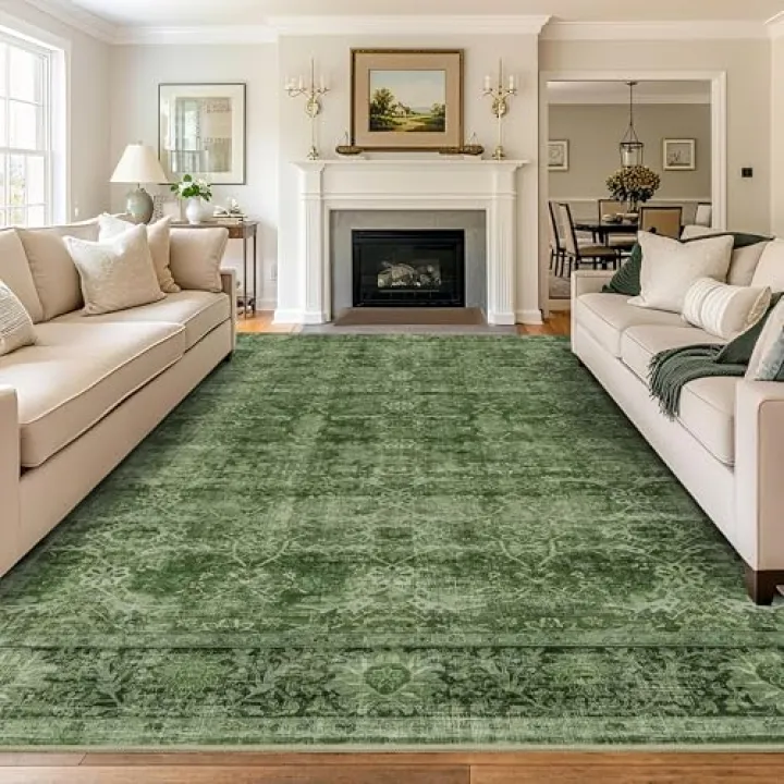 8x10 Washable Area Rug Vintage Green Rug for Living Room Bedroom Low Pile Soft Non-Slip Boho Rug for Under Table Boho Distressed Retro Carpet for Bedroom Kitchen Office Dining