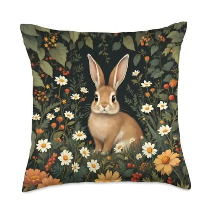 Rabbit Baby Bunny in an Elegant William Morris Style Forest Throw Pillow