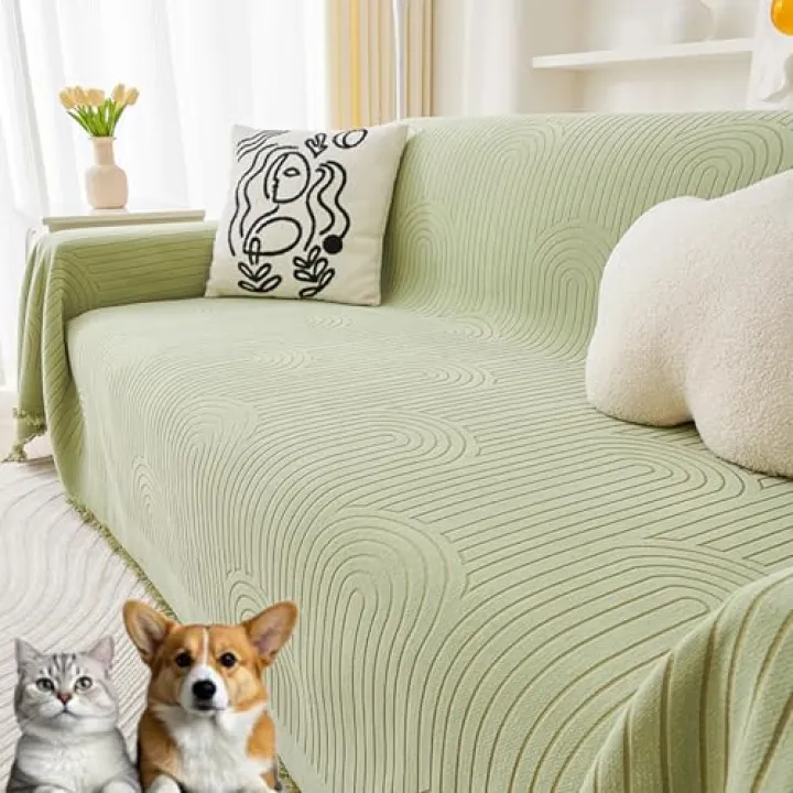 Aphisoft Chenille Double-Sided Couch Cover, Reversible Chenille Sofa Covers, Sofa Cover L Shape Couch,Pet Friendly Washable Waterproof Stretchy Slipcover (Green,180 * 130cm/70.8 * 51.1in)