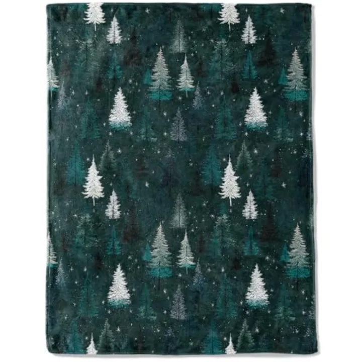 ainori Christmas Decorative Throw Blanket White Snowy Tree and Green Forest Print Decoration, Soft Flannel Winter Blankets for Couch Bed Sofa, Holiday Home Decor, Xmas Festival Gifts 50x60 Inch