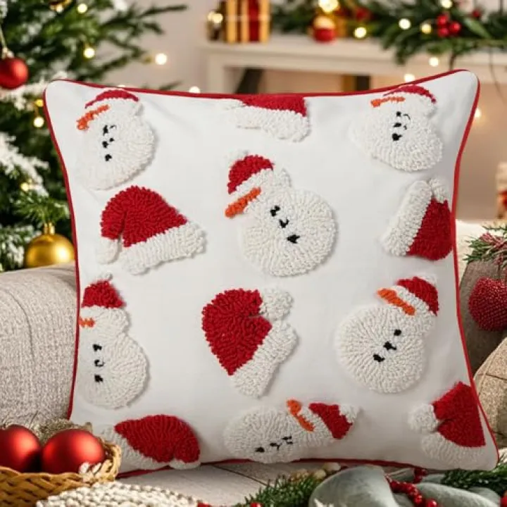 Adabana Christmas Pillow Covers 18x18 Inch Tufted Red Snowmen Santa Hat Decorative Winter Soft Holiday Decor for Couch Bed Sofa Living Room Bedroom