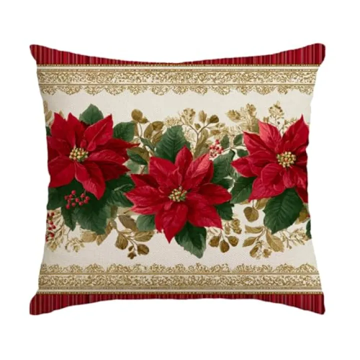 ubcindy Christmas Poinsettia Holly Throw Pillow Covers 18x18 Inch, Red Flower Golden Art Home Decor Pillowcases with Hidden Zipper, Square Cushion Covers Pillow Covers for Sofa Bed Couch Car Chair