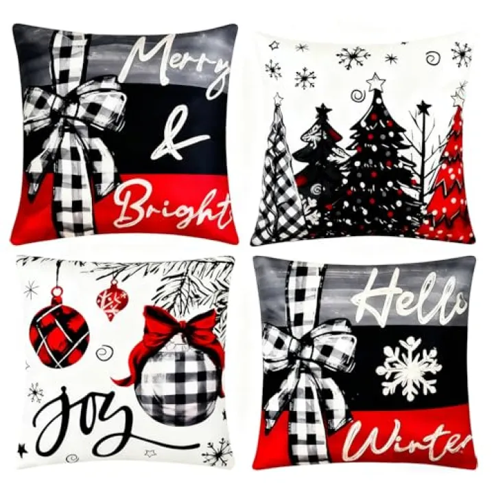 Haundry Christmas Throw Pillow Covers Joy Xmas Trees Red, 18 x 18 Inch Christmas Winter Holiday Cushion Case Decoration for Sofa Couch Set of 4
