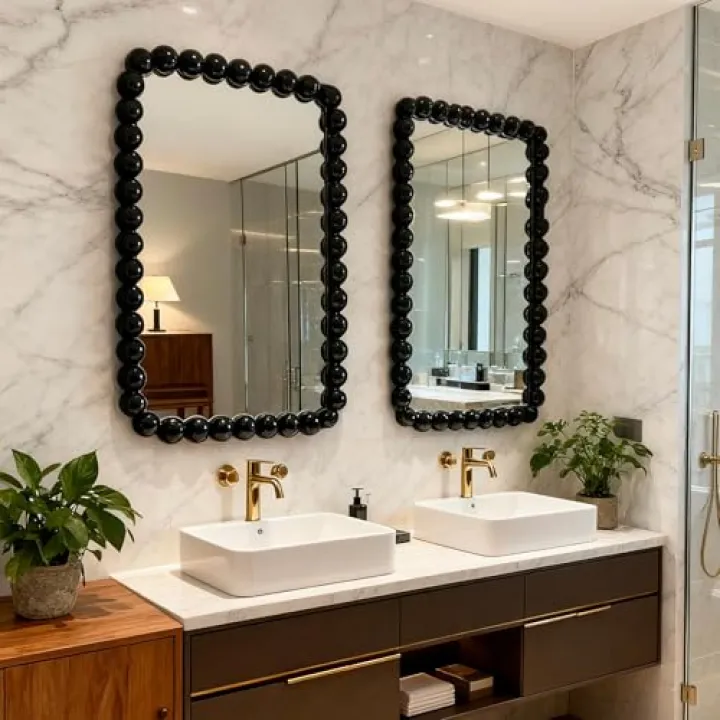 Black Beaded Frame Wall Mirror Round Metal Ball - Modern Decorative Square Vanity Mirror for Bathroom, Living Room, Entryway, Bedroom, Contemporary Home Decor