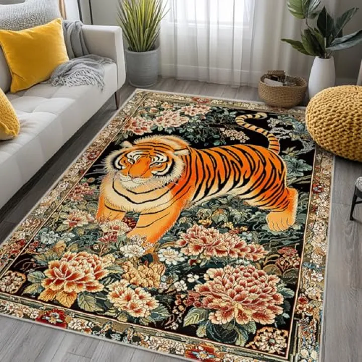 5x7 Tiger Area Rugs Boho Tiger Rug for Living Room Indoor Soft Non-Slip Thin Large Carpet Vintage Rugs for Bedroom Home Decor Under Table Washable Machine
