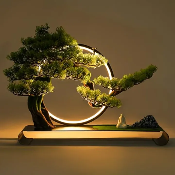 Artificial Bonsai Pine Tree Faux Realistic Simulation Bonsai with LED Lamp Ring Fake Plants Desk Table Decor for Home Office Indoor