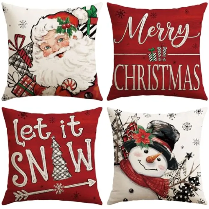 OTOSTAR Merry Christmas Throw Pillow Covers 18x18 Inch Set of 4, Santa Claus Snowman Let it Snow Red Decorative Pillow Cases Winter Holiday Cushion Covers for Sofa Couch