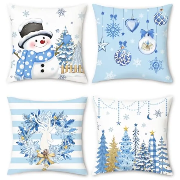 COZZSNUGE Winter Snowman Throw Pillow Covers, Blue Xmas Tree Reindeer Wreath Christmas Velvety Decorative Pillowcases for Sofa Bed Home Patio Set of 4, 18 x 18 Inches