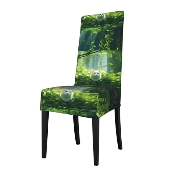WHJSHOP Cat on Green Pattern Protection Cover for Dining Chair - Soft, Comfortable, Wrinkle-Resistant Elastic Fits Most Armless Chairs