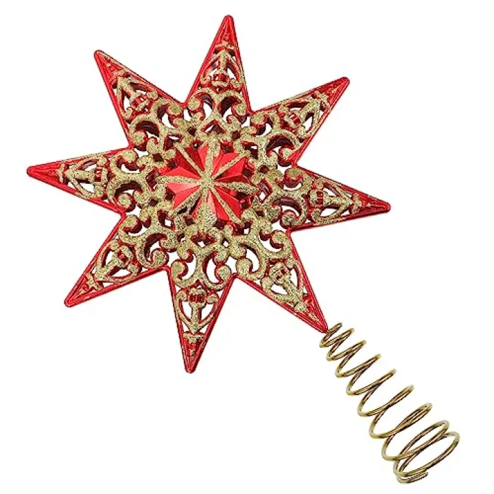 GLEAVI Red Octagonal Christmas Tree Topper Star Xmas Tree Decoration for Holiday Party Easy to Install Modern Aesthetic Design