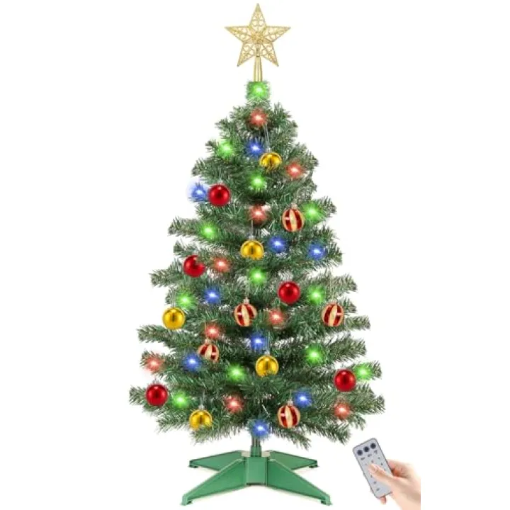 [ 12 Modes & Timer ] 3 Ft Green Small Christmas Tree with 50 LED Lights, 15 Ball Ornaments 3D Star Battery Operated Prelit Christmas Tree Indoor Home Fireplace Holiday Xmas Christmas Decorations