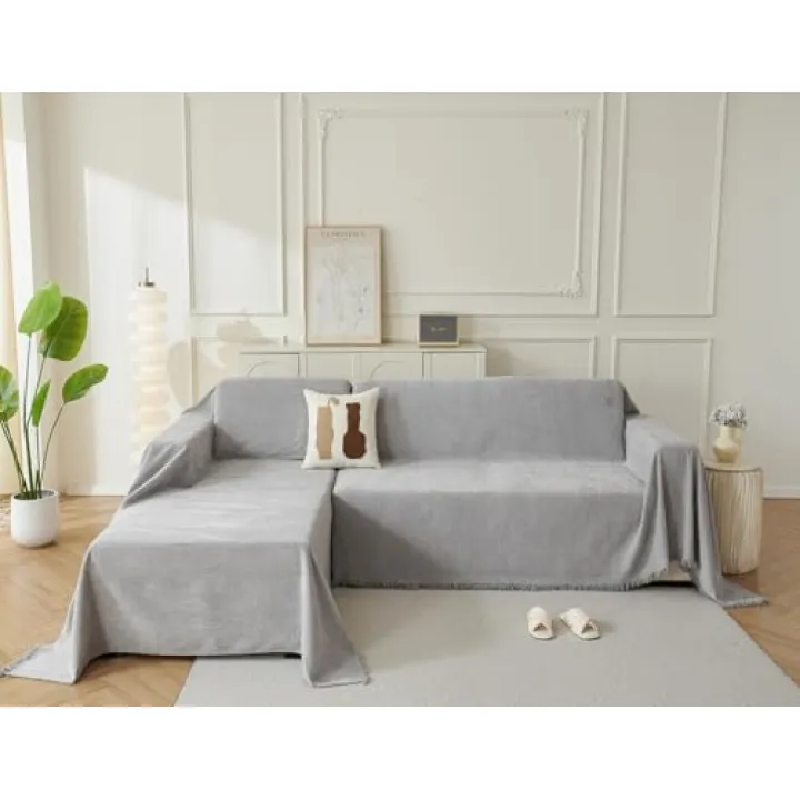 Couch Cover for Dogs, Boho Sofa Covers for Sectional Sofa, Chenille Sofa Slipcover for Pets Washable, L-Shape Sectional Couch Bed Cover Soft Throw Blankets with Tassels(71"x118"+91"x134'',Cream)