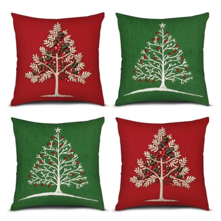 PICKFORU Red Green Christmas Pillow Covers 18x18 Inch, Set of 4 Christmas Tree Square Pillowcases 45x45 cm, Throw Pillow Covers for Sofa Bedroom Couch