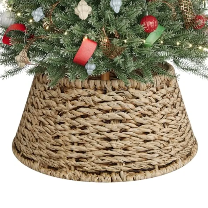 ELYKEN 8 Inch Mini Christmas Tree Collar with Insert Tube, Seagrass Woven Xmas Tree Skirt for Tabletop Christmas Tree, Rustic Farmhouse Wicker Tree Base Cover for Holiday Tabletop Decor