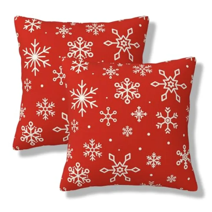 DANOLYOU White Red Snowflakes Throw Pillow Covers 18x18 Inch Set of 2 Classic Square Pillow Cases Winter Xmas Outdoor Pillowcase Decorative Cushion Cover for Couch Sofa