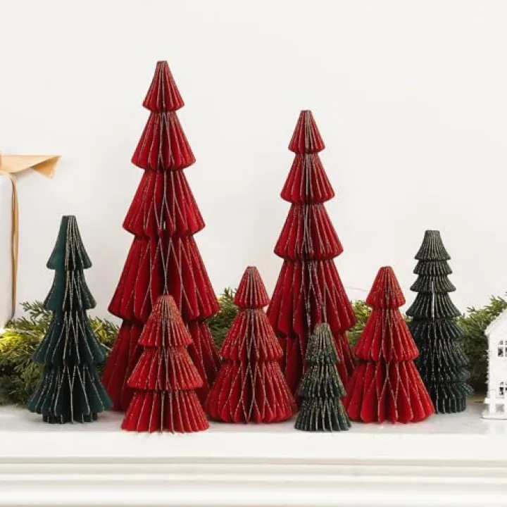 Spiareal 8 Pcs Paper Honeycomb Christmas Tree Decor Christmas Table Centerpiece 3D Gold Glitter Edge Red and Green Paper Trees for Xmas Winter Tabletop Mantel Holiday Party Decorations