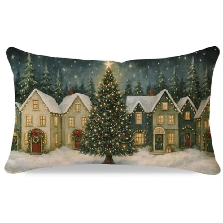 HERHOME Christmas Throw Pillow Cover 12x20 Inch, Winter Village Christmas Tree Forest Snow Lumbar Decorative Cushion Case, Vintage Outdoor Xmas Winter Holiday Decoration for Sofa Couch Home Decor