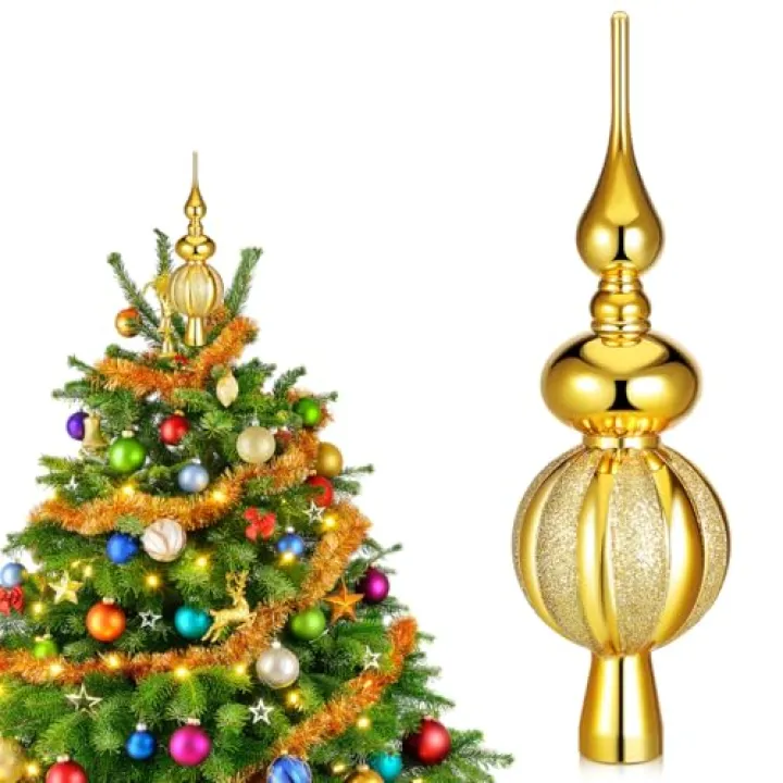 PRETYZOOM 3 Tier Metallic Christmas Finials, 9'' Spherical Xmas Tree Topper, Mid Century Holiday Tree Decoration, Christmas Party Supplies
