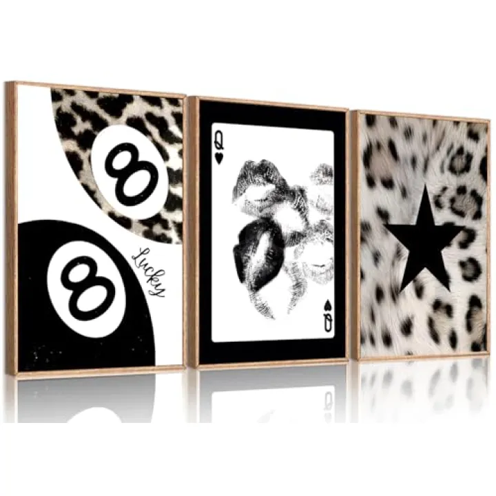 KBIERQN 3Pcs Black White Leopard Prints Wall Art Lucky 8 Ball Canvas Print Trendy Kiss Lips Painting Poster Fashion Pentagram Pictures for Living Room Bedroom Dorm Wall Decor 12x16in Unframed