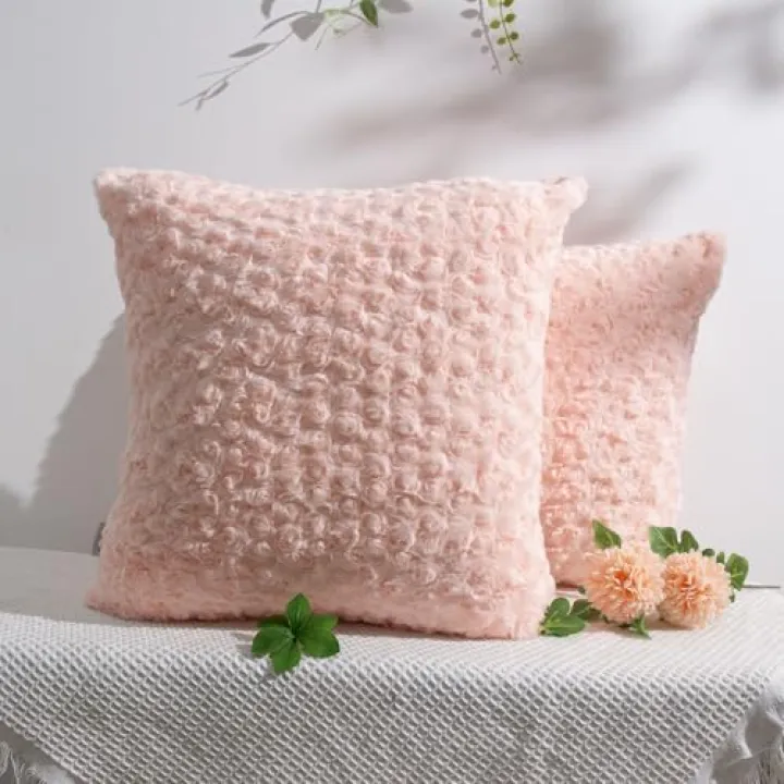 Ailive Peach Pink Square Throw Pillow Covers – 2-Pack 18"x18" Decorative Cushion Covers – 600g Faux Rabbit Fur