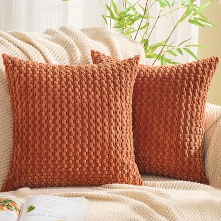 GAWAMAY Decorative Throw Pillow Covers 22x22 Inch Set of 2 for Living Room Couch Bed Sofa, Farmhouse Square Cushion Cover Soft Striped Corduroy Pillow Cases Boho Accent Home Decor (55x55cm) Rust