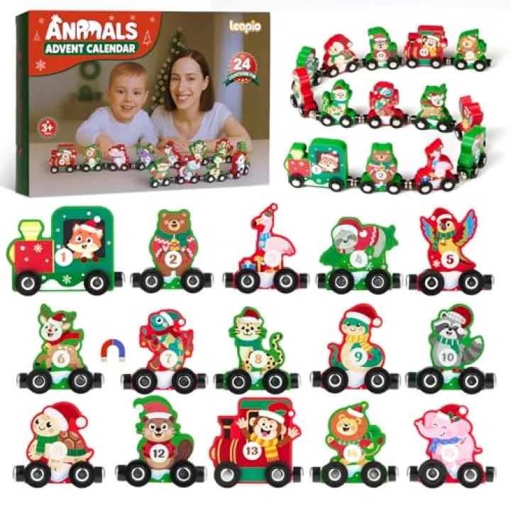Leapio Train Advent Calendar 2025 Toddlers Kids, 24 Days Wooden Animals Train Set, Christmas Advent Calendar Train Countdown Gifts for Kids Toddlers Boys & Girls, Fun Montessori Train Set Xmas Holiday Gifts