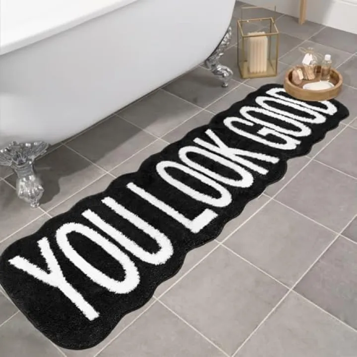 Homantic You Look GoodFun Bath Mat Long Bathroom Rug - Super Soft Funny Decor for Bedroom, Non Slip Water Absorbent Cute Runner Rugs for Sink Bathtub Bedside Black 20" x 59"