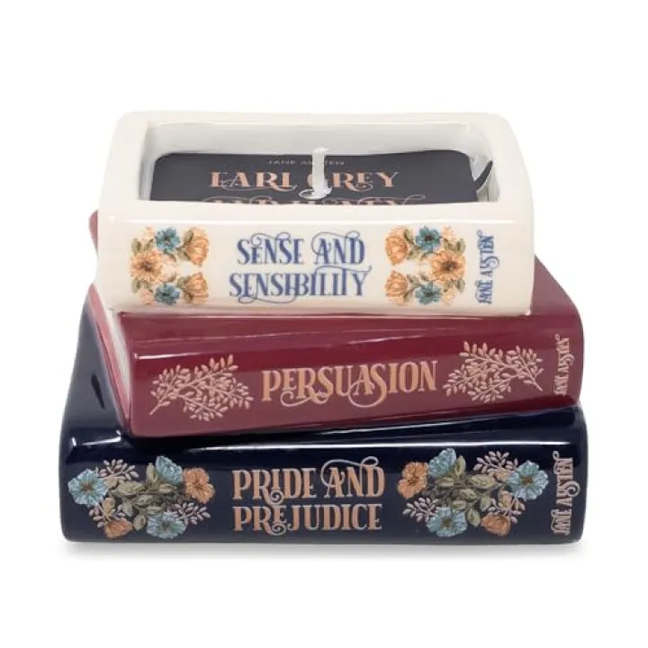 Steel Mill & Co Novelty Shaped Book Theme Scented Candle, Library Stack 6.5 oz Wax Candle with Notes of Earl Gray Tea and Honey, Unique Gift for Mother's Day (Jane Austen)