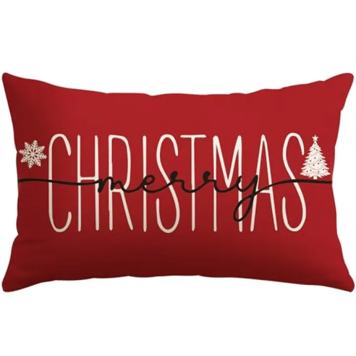 OTOSTAR Christmas Pillow Covers 16x24 Inch Merry Christmas Red Throw Pillow Cover Winter Holiday Lumbar Cushion Case Decoration for Sofa Couch (Red)