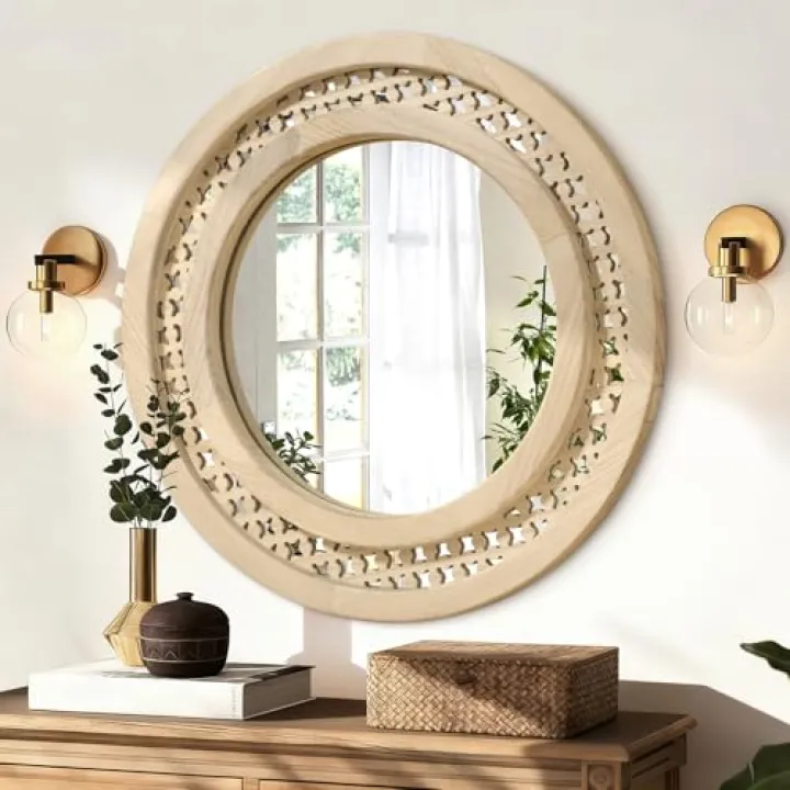 JJUUYOU Wall Mirror Round Mirror Black 20 Inch Circle Rustic Hanging Mirrors with Wood Frame Wall Mounted Mirrors for Living Room Bathroom Bedroom Entryway Wood