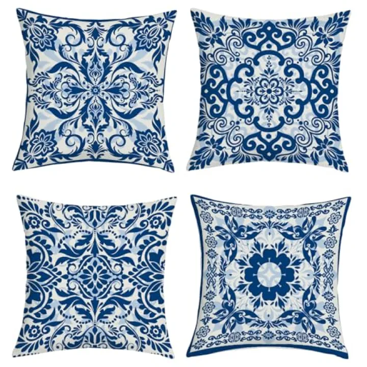 Joymaison Blue and White Porcelain Floral Throw Pillow Covers 18x18 Inch Set of 4 Vintage Chinoiserie Flower Cushion Covers Home Decor for Couch Cushion Cases