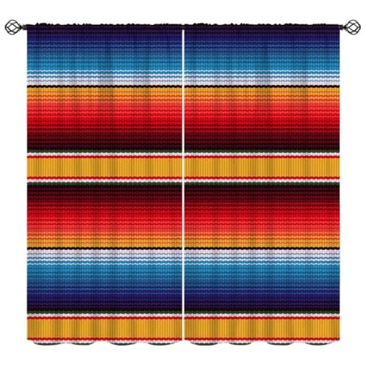 Wallira Colorful Stripes Mexican Curtains,Blue Orange Boho Horizontal Lines Culture Ethnic Decor Rod Pocket Window Treatment for Adult Kid Bedroom Living Kitchen Restaurant Cafe Drapes 41" W X 45" L