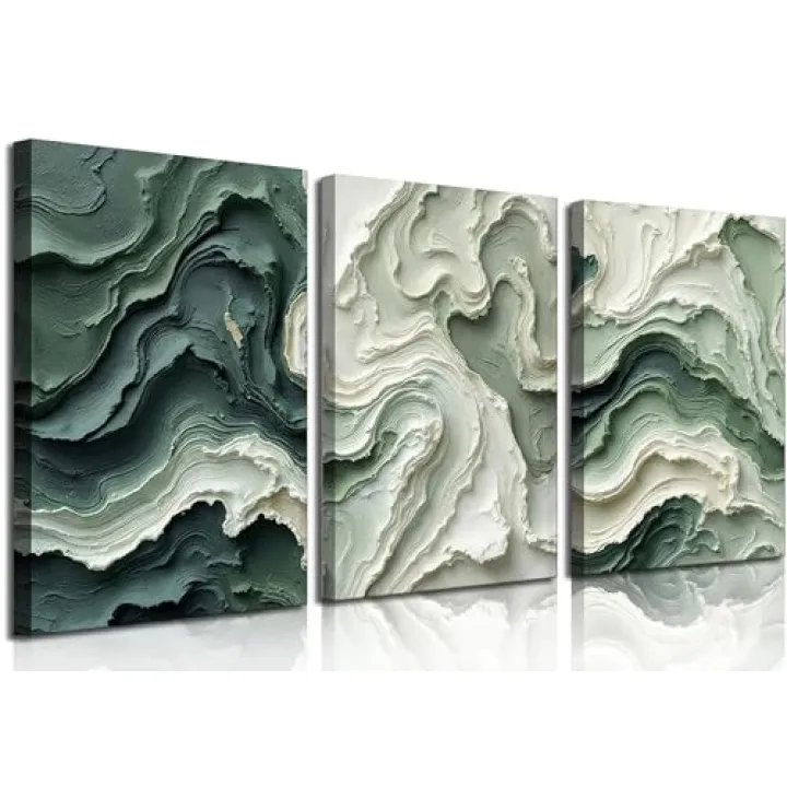 3pcs Abstract Texture Canvas Wall Art Neutral Green And Beige Wall Decor Pictures Modern Minimalist Green Wave Posters Prints Paintings for Living Room Bedroom Office Furniture Decoration