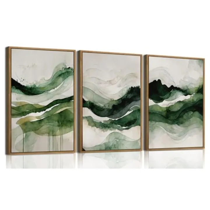 KISSFOX 3 Piece Framed Wall Art Abstract Wall Decor Emerald Green Pictures Watercolor Waves Canvas Art Large Modern Paintings Artwork for Living Room Bedroom Office