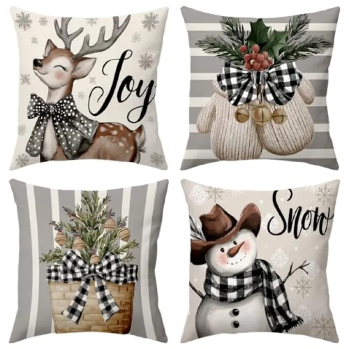 Rustic Christmas Holiday Throw Pillow Covers 18x18 Couch Cushion Covers, Pastel Country Striped Decorations for Porch Home, Xmas Reindeer Tree Snowman Farmhouse Pillow Cases Winter Decor Set of 4