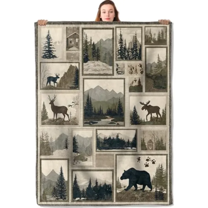 YCUFN Wildlife Silhouette Flannel Blanket Forest Moose and Bear Design Lightweight Throw Blankets for Sofa Picnic Travel and Gathering Decorate All Season Use Farmhouse Style Gifts 50x60in