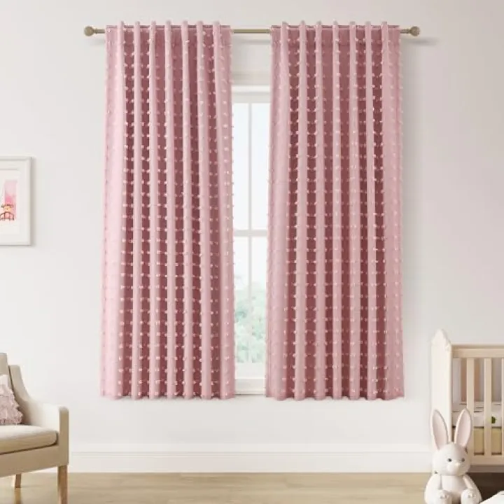 100% Blackout Pink Short Curtains 63 Inch Long for Girls Room Nursery 2 Panels Double Layer Thermal Insulated Back Tab Drapes Pom Pom Sheer Overlay Baby Pink Decor for Living Room Toddler Room 52x63