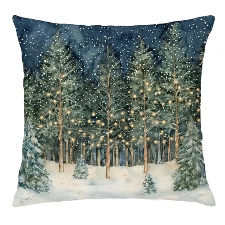 BUJSP Rustic Christmas Forest Pillow Covers 18x18, Farmhouse Christmas Decor, Xmas Winter Snowflake Forest Decorative Throw Pillow Covers for Home Bedroom Living Room