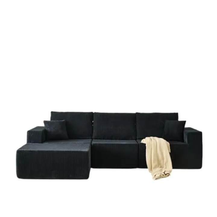 110" Cloud Modular Sectional Sofa,Perfect for Living Rooms and Bedrooms ，Boneless Couch, No Assembly, 3 Seater with Ottoman & 2 Pillows，Black