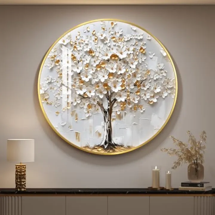 Troartos Tree of Life LED Wall Art for Living Room, Large Modern Luxury Gold and White Floral Artwork for Walls, Minimalist Lighted Decorative Wall Decor for Bedroom, Dining Room, Hallway, Office