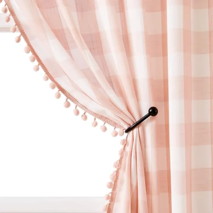 Pompom Buffalo Check Curtains Blush Pink and White Plaid Window Treatment Set for Kitchen Living Room, Dinning, 95 inch Rustic Farmhouse Curtain Drapes for Kids Dorm 42"x95" 2pcs Rod Pocket, Coral