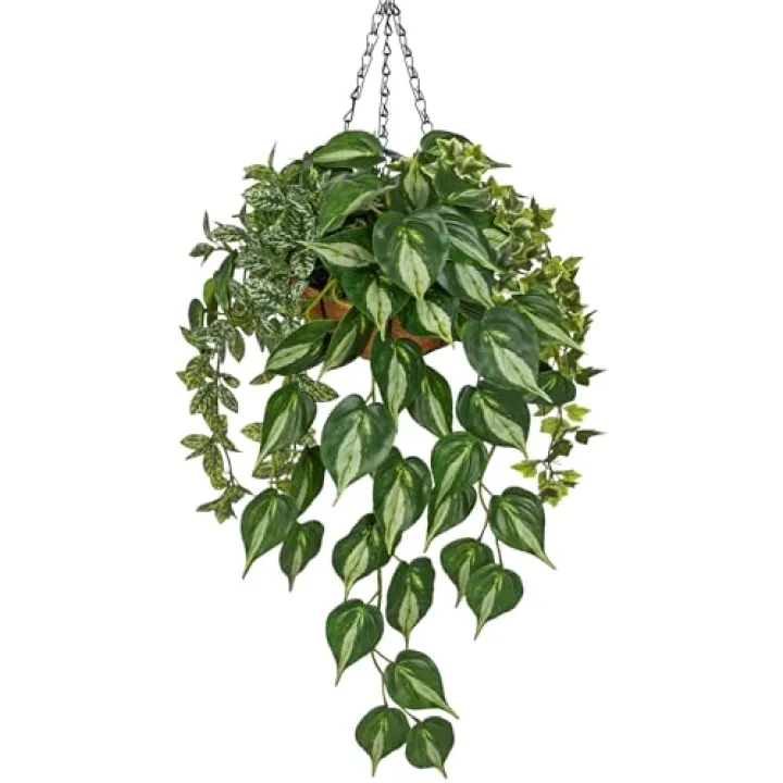 Fake Hanging Plant with Pot, Large Hanging Artificial Plants with Basket & Hanger Faux Greenery Plants Indoor Outdoor Decor Fake Pothos Plant in Pot for Wall Balcony Patio Office Bathroom Shelf